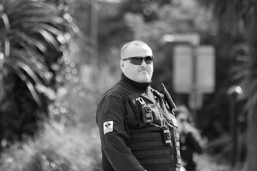 A monochrome portrait of a security guard outdoors in Bournemouth, England, showcasing professional attire.